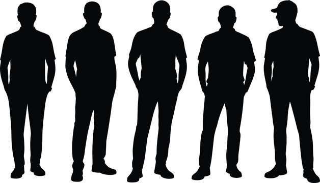 Silhouette of five men standing in a row, wearing casual polo shirts and trousers, isolated on a white background, group of male figures in a standing pose