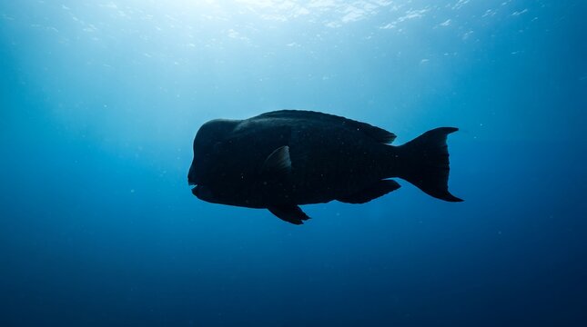 A distinctive Humphead Parrotfish silhouette crossing a clear blue tropical water column, emphasizing its recognizable body profile.