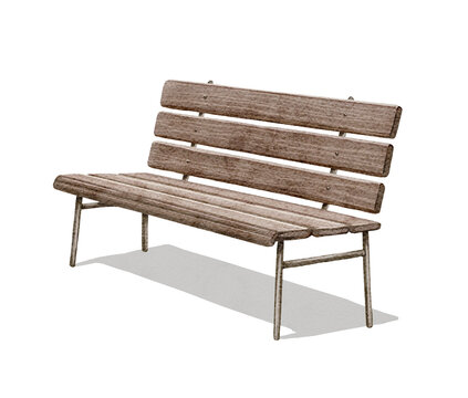 Watercolor vintage wooden bench with backrest and shade isolated on white background. Hand drawn illustration sketch