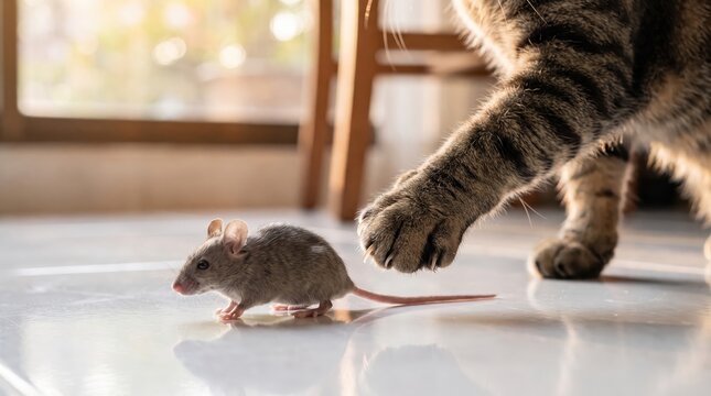 Cat paw with claws extending as it stalks a small mouse on a glossy tile floor.
