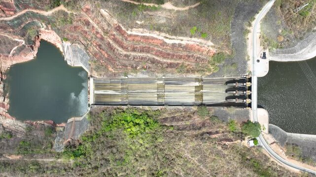 Betania Dam and Hydroelectric Reservoir in Huila, Colombia. Establishing Shot. Aerial View.