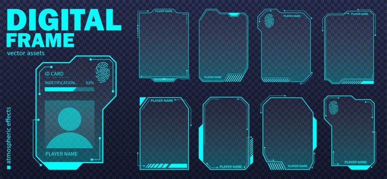 Cyberpunk-inspired futuristic identification card frame with digital interface details and sleek borders for gaming, technology, security