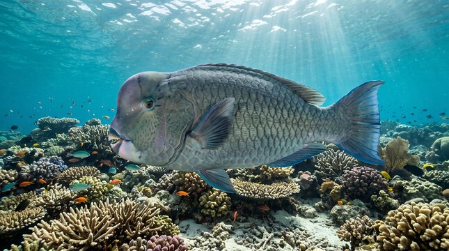 A wild Humphead Parrotfish swimming above a vibrant tropical coral reef in clear Indo-Pacific waters, showing its distinctive body shape and natural reef habitat.