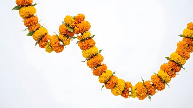 A beautiful garland made of fresh orange and yellow marigold flowers isolated on a white background