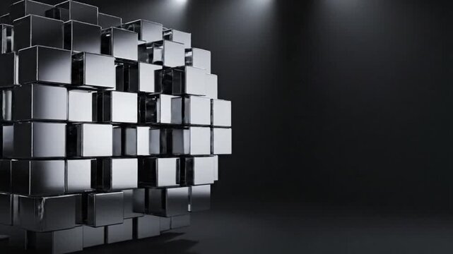 Abstract geometric metal cube sculpture floating in dark studio space with dramatic lighting