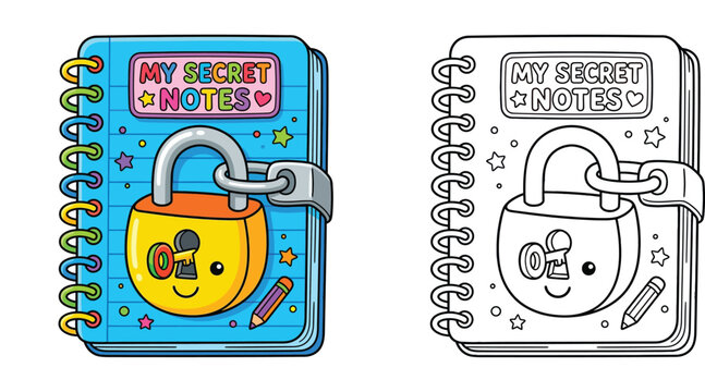  Cute Locked Secret Diary Notebook with Padlock and Key Color and Line Art Coloring Page for Kids Vector Illustration