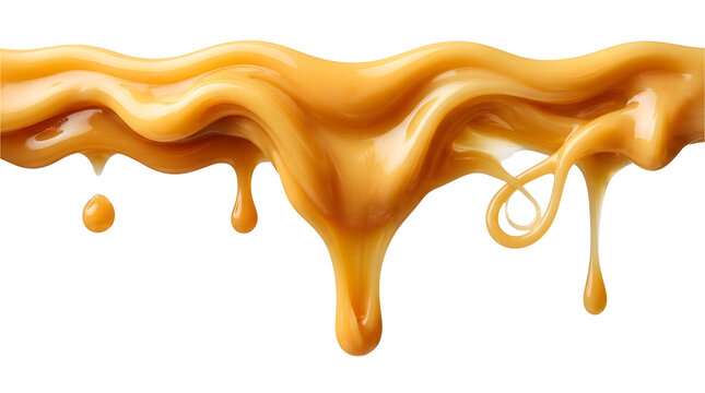 A horizontal stream of rich golden-brown glossy caramel syrup flowing across the frame, featuring smooth undulating waves, multiple hanging liquid drops, a prominent central drip, and a looped strand