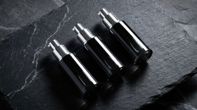 Three sleek metallic spray bottles resting on rough dark stone surface