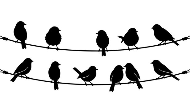 Wild songbirds flock perched together on electric power wire cables against plain background in nature countryside