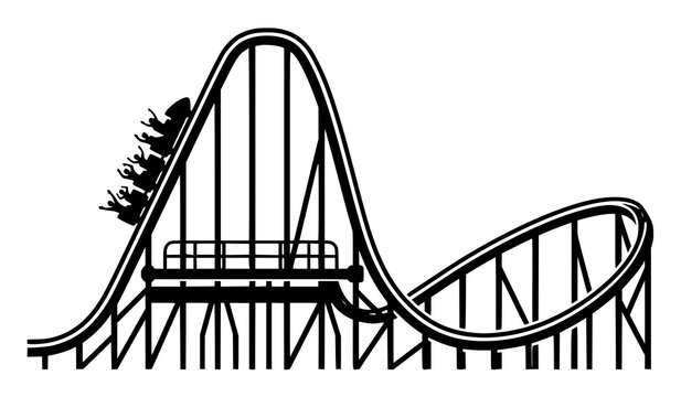 Modern theme park rollercoaster train carrying excited passengers riding high speed steep tracks during summer vacation