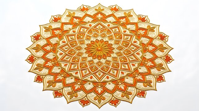Intricate golden mandala pattern with complex geometric shapes and symmetrical floral motifs on a white background