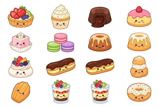 Cute kawaii dessert icons with smiling faces on white background