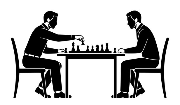 Two focused male opponents playing strategic chess game sitting at wooden table during competitive match