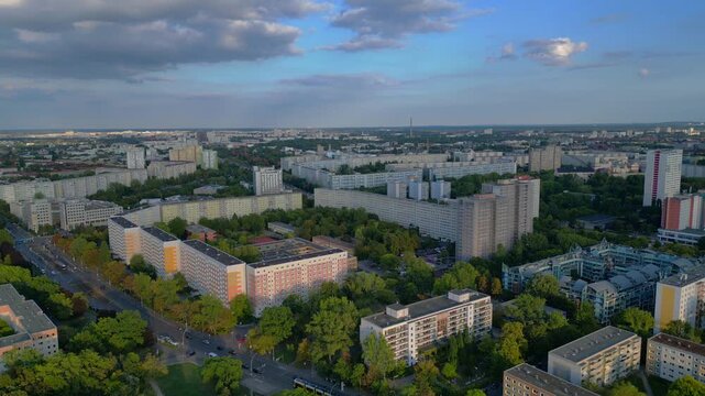 Sprawling urban landscape of residential prefabricated housing buildings, reflecting city planning and density. prefabricated housing. Unbelievable aerial view top-down drone