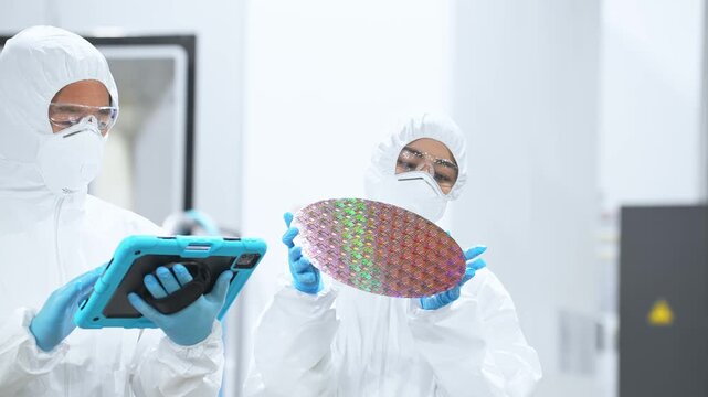 Male and female workers in protective suits inspect silicon wafers with tablets in a semiconductor factory.
