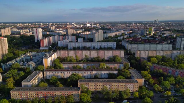 Berlin cityscape with residential apartment blocks and green spaces, reflecting German urban architecture and housing. Stunning aerial view drone panorama shot from above