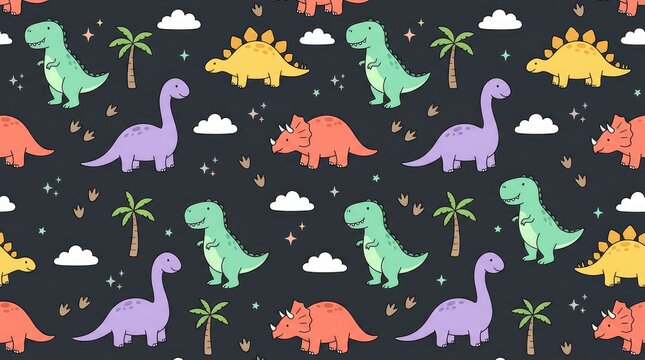 Colorful cartoon dinosaurs walking among palm trees and stars in playful night sky pattern