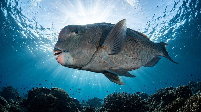 Low-angle underwater view of a large Humphead Parrotfish swimming overhead beneath the tropical ocean surface.