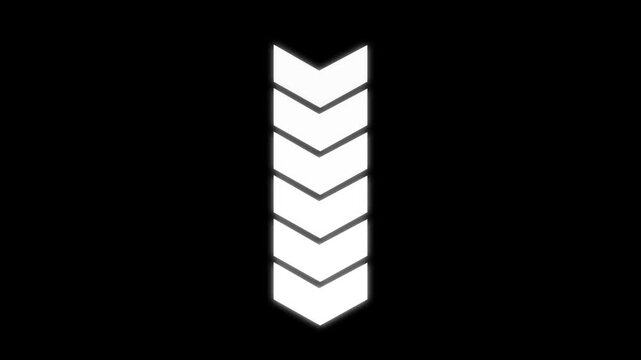 Down-directional arrow loop animation on black background. Swipe down pointing arrow. Animated traffic directional arrows sign. Up to down arrow loop animation.