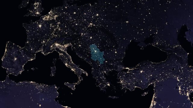 Serbia night globe. City lights, zoom, spin, outline glow, pullback, ring reveal for Serbia. Elements of the animation furnished by NASA.
