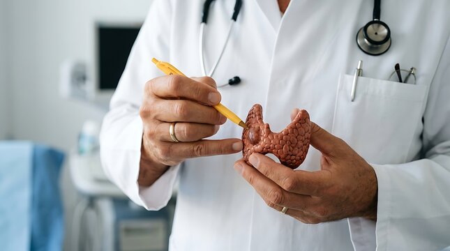 Doctor demonstrates thyroid gland model with nodule, medical education and healthcare concept