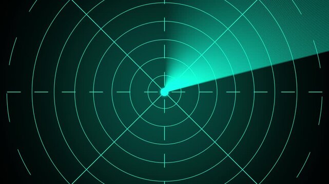Abstract radar screen loop with scanning beam circular grid. Digital technology radar system. Sonar radar animation on dark background. Radar point to detect enemy position.