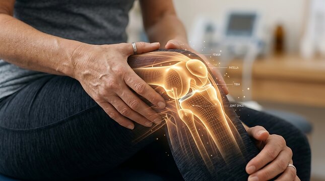Medical visualization of human knee joint anatomy, pain relief, and orthopedic care