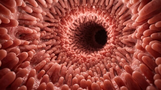Microscopic view of intestinal villi, a 3D render of the small intestine lining for science and health