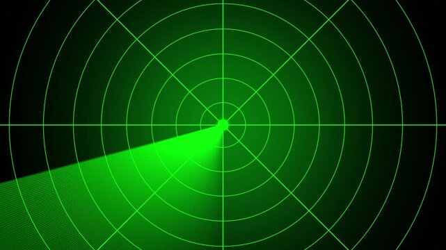 Futuristic radar screen interface with cyan digital grid and scanning beam. Sonar radar target tracking display on dark background. 4k video.