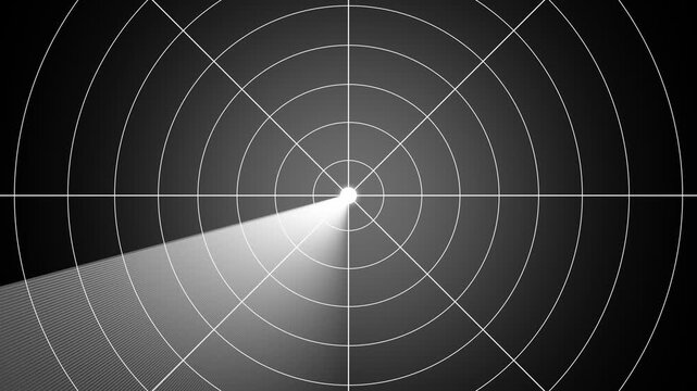 Futuristic radar screen interface with cyan digital grid and scanning beam. Sonar radar target tracking display on dark background. 4k video.