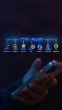 Businessman holding smartphone vertical shot below glowing core values text hub with integrity icons. Organizational teamwork culture, customer commitment responsibility, and mission concept idea.
