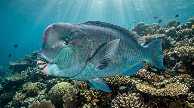 A magnificent adult Humphead Parrotfish photographed in its natural tropical coral reef habitat, highlighting its distinctive forehead, powerful beak-like mouth and impressive body size.