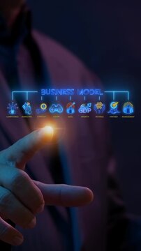 Businessman finger touching glowing business model text hub vertical shot with strategy and revenue icons. Enterprise architecture framework, commercial growth planning, and executive idea concept.