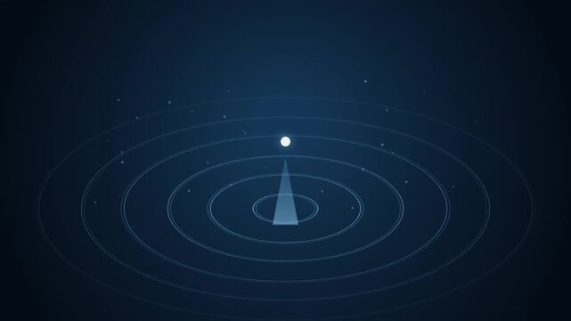 Abstract digital radar animation with glowing blue concentric rings and a central geometric beacon