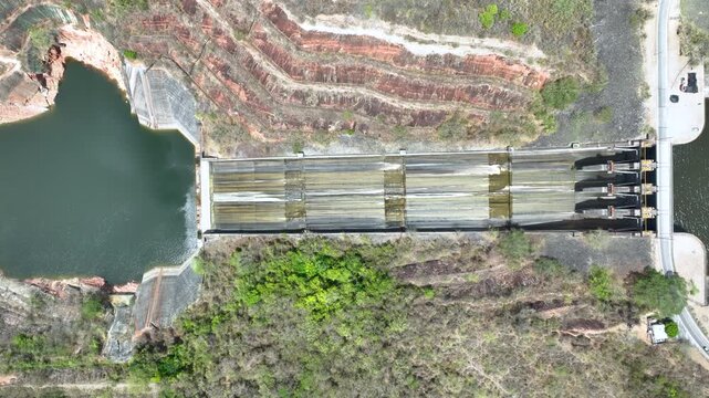 Betania Dam and Hydroelectric Reservoir in Huila, Colombia. Establishing Shot. Aerial View.