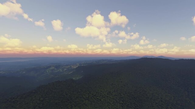 Circular aerial drone shot at sunrise of Monteverde Cloud Forest Biological Preserve. Costa Rica
