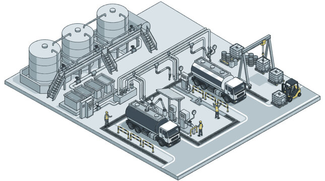 Isometric illustration of a modern industrial facility with storage tanks and tanker trucks.