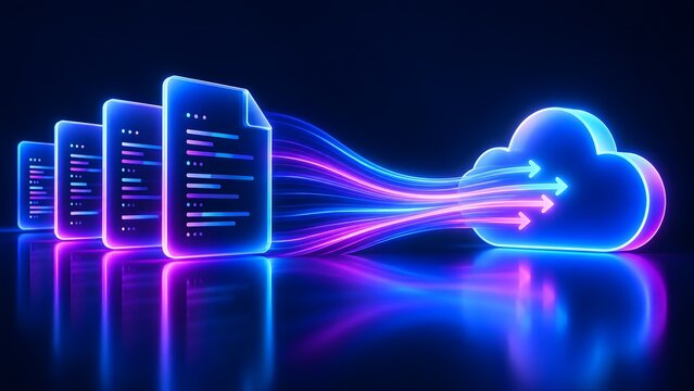 Digital data transfer from servers to cloud storage visualized with glowing neon lines and futuristic abstract concept of information flow and connectivity