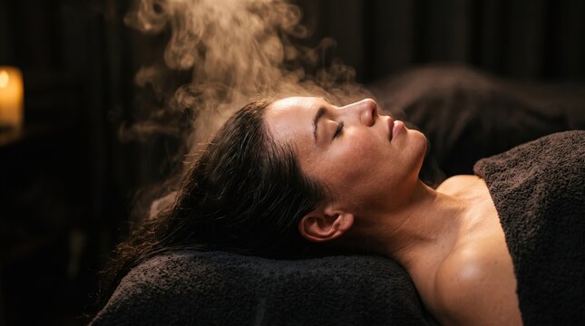 Relaxed woman enjoying facial steam treatment during a spa wellness therapy session