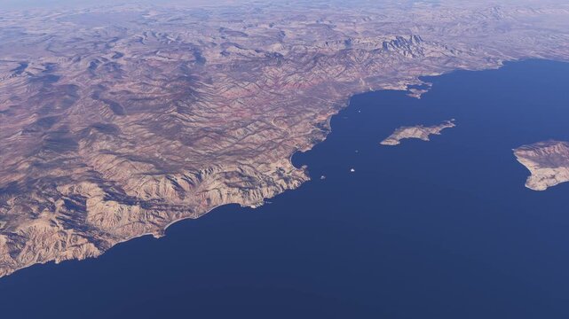 Top aerial drone shot of Parque Nacional Bah&iacute;a de Loreto in Gulf of California. Baja California. Mexico