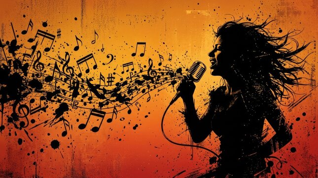 Person singing passionately with vibrant musical notes illustration