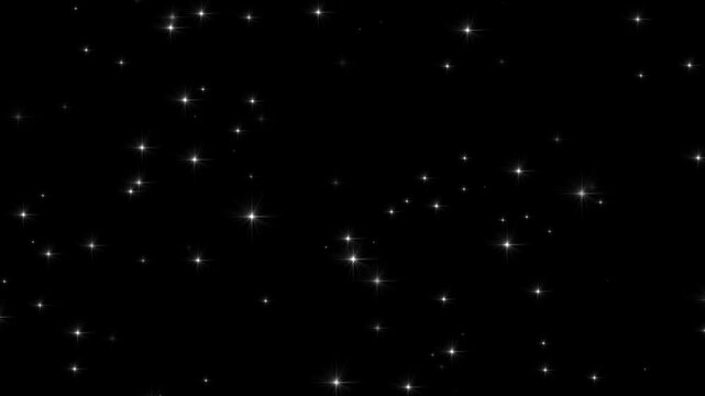 Looping shinny stars animation on black background. Cosmic starry sky with twinkling stars. Starry night, glowing shinning stars, twinkling star particles animation in starry night background. 