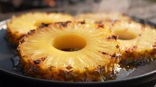 Steaming Grilled Pineapple Rings Glistening on Black Plate