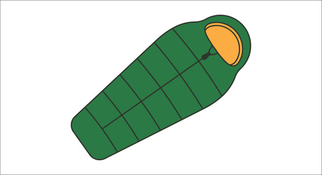 A green sleeping bag illustration features a hooded design and a white background sleepingbag sleepingsack bedroll campgear outdoors