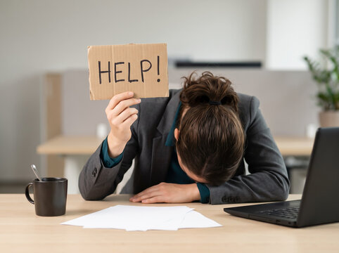 Stressed Office Professional Asking for Help During a Heavy Workload