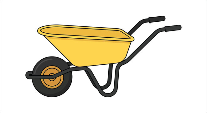 A yellow wheelbarrow with black handles and a single wheel is depicted in a vector illustration gardenbarrow handbarrow