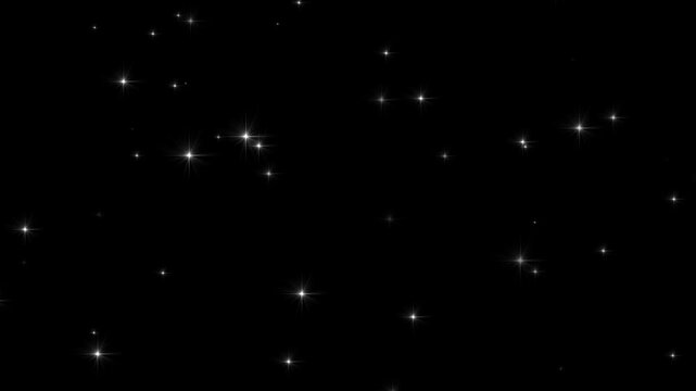 Looping shinny stars animation on black background. Cosmic starry sky with twinkling stars. Starry night, glowing shinning stars, twinkling star particles animation in starry night background. 