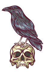 Fototapeta premium Raven Skull with black bird perched on an ivory cranium and bold retro highlights. Tattoo flash, Halloween decor and occult branding use this raven skull in moody color, vector illustration.