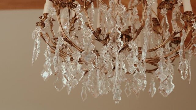 Close view of a gilded chandelier frame hung with cut crystal pendants and star shaped drops against the warm ceiling.