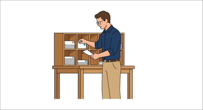 A man sorts mail at a wooden post office box cabinet with stacked envelopes postalworker mailman delivery correspondence
